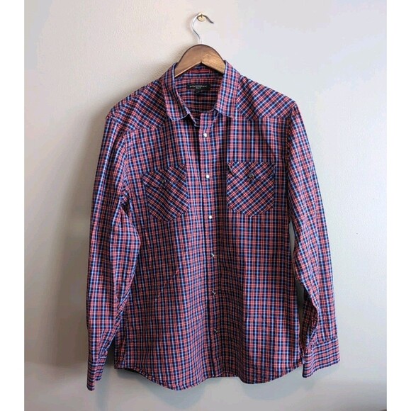 Banana Republic Other - Banana Republic Size Large Plaid Western Shirt Men's Red Blue Snap Slim Fit LS